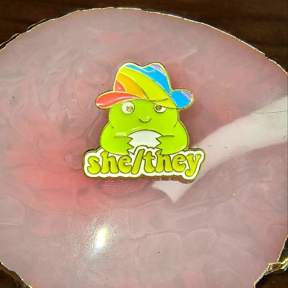 Women’s jewelry Cute Frog with hat She/They fashion Enamel Pin LGBT Pronoun